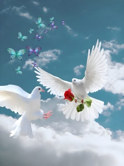 Doves Butterflies Sky Fantasy HD Wallpaper