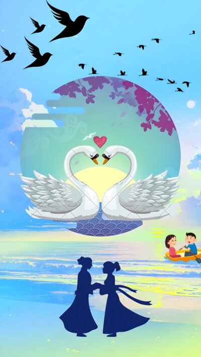 Swans Beach Love Fantasy HD Wallpaper