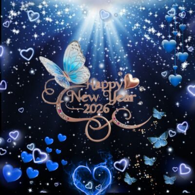 3464x3464 Wallpaper – Happy New Year 2026 Blue Butterfly